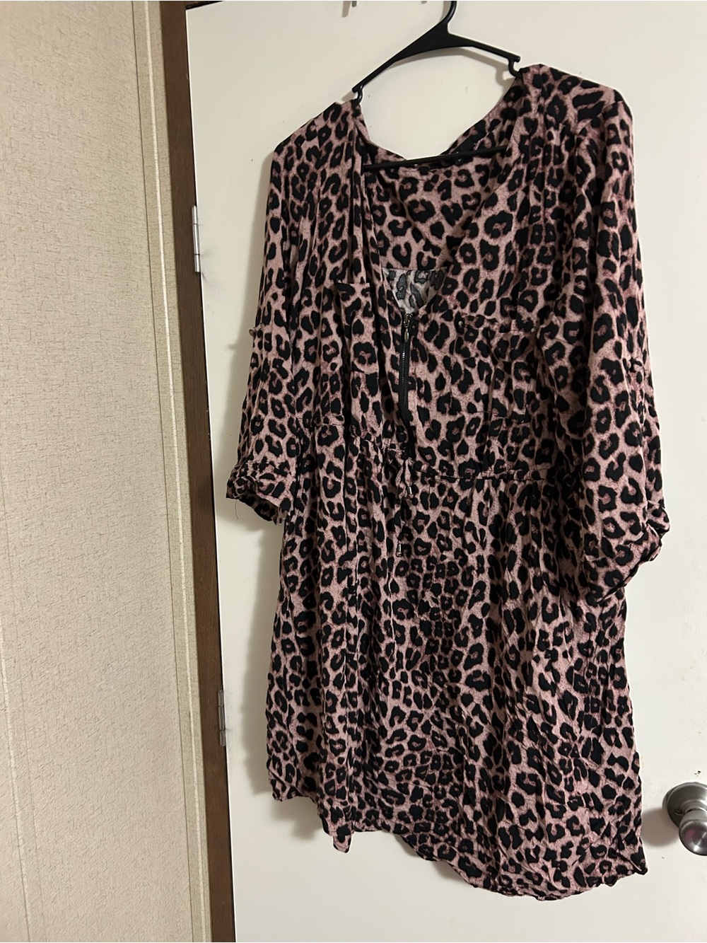 torrid Pink and Black Leopard-Print Mini Dress with Tie Neck